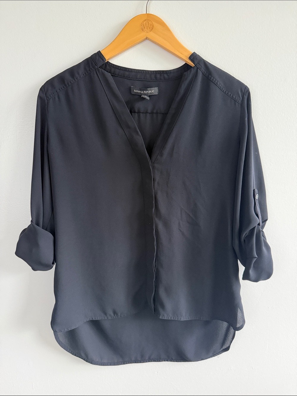 Banana Republic Black Roll-Tab Sleeve Button-Front Blouse